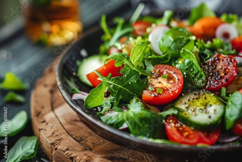 Plate of salad on cutting board meal