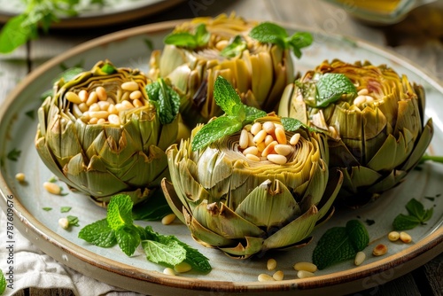 Plate of artichokes stuffed with mint and pine nuts