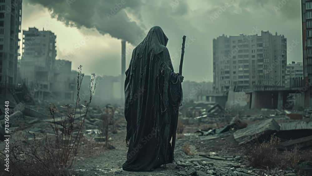 A figure cloaked in tattered fabric and walking stick in hand faces ...