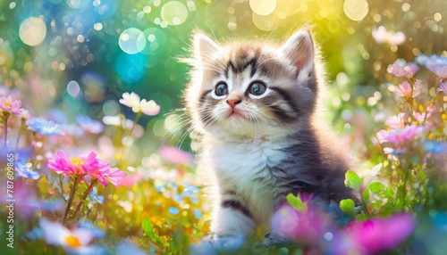 花が咲く庭で遊ぶ子猫 photo