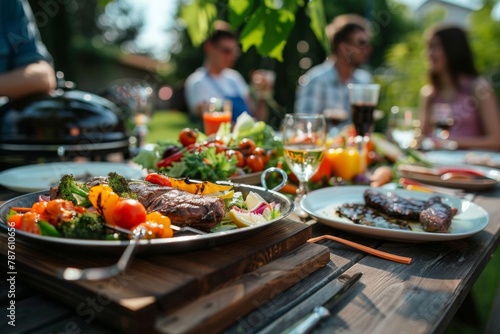 appetizing grilled meat and fresh salads on outdoor dinner table happy people enjoying backyard bbq party photo