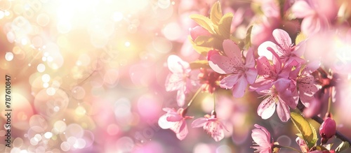 Artistic display of blossoming pink flowers along the border or background. Stunning depiction of nature showcasing a blooming tree under the radiant sun.