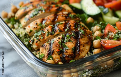 Quinoa tabbouleh salad with grilled chicken chickpeas for healthy meal prep