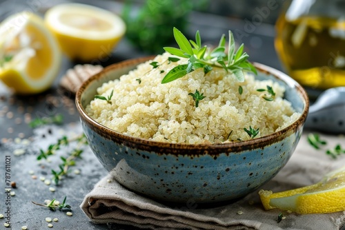 Quinoa with lemon and herbs in a bowl photo