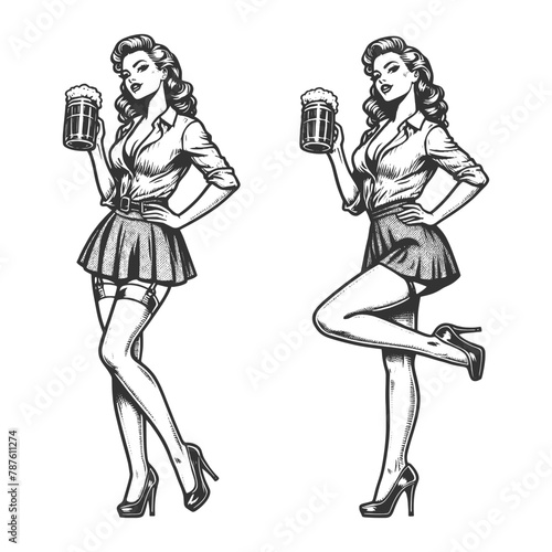 attractive pin-up style women with beer glass mug evoking classic Americana vibes sketch engraving generative ai fictional character vector illustration. Scratch board imitation. Black and white image