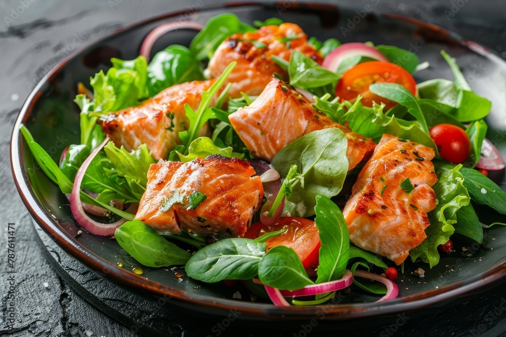Roasted salmon and veggies on black stone for salad Roasted salmon and veggies on black stone for salad
