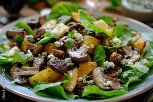 Roasted potato salad with mushrooms and lamb lettuce plus mustard blue cheese dip photo