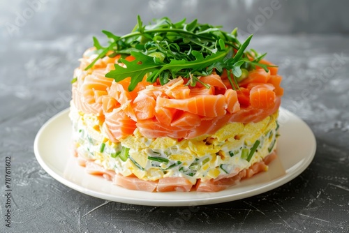 Russian classic salad with layered eggs veggies and fish on a white plate Side view on gray background Step 10 of recipe