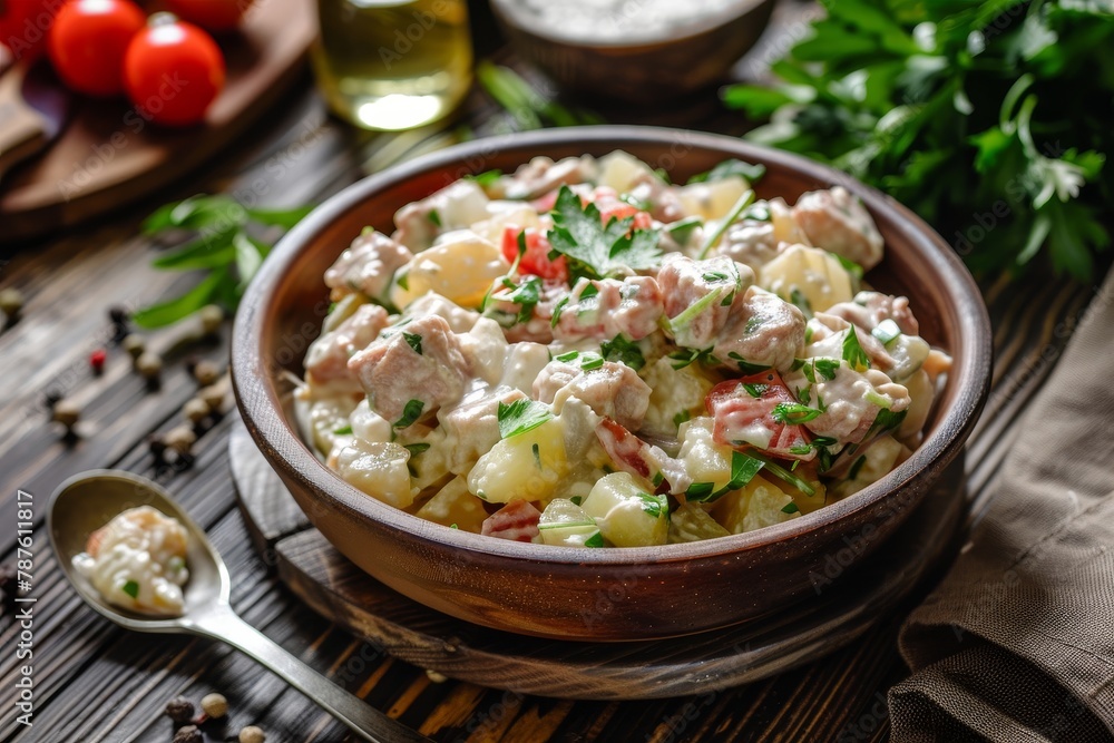 Russian salad olivier with meat and vegetables in a bowl on a wooden table Russian salad olivier with meat and vegetables in a bowl on a wooden table