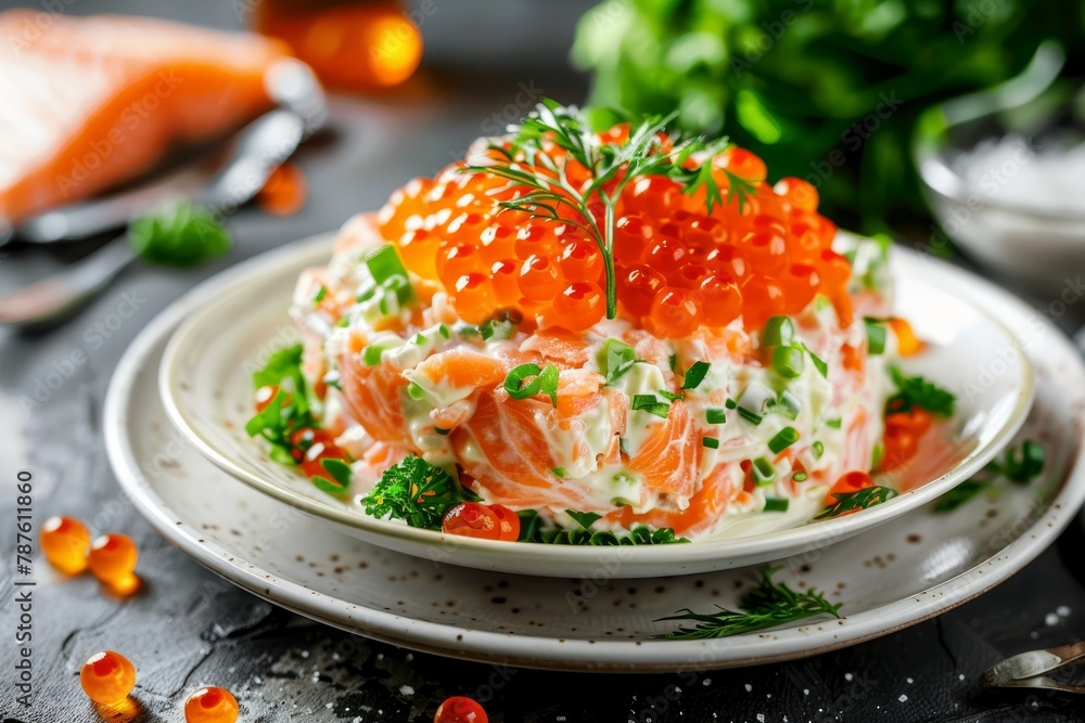 Russian salad with caviar and salmon Russian salad with caviar and salmon
