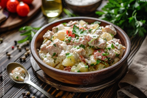 Russian salad olivier with meat and vegetables in a bowl on a wooden table