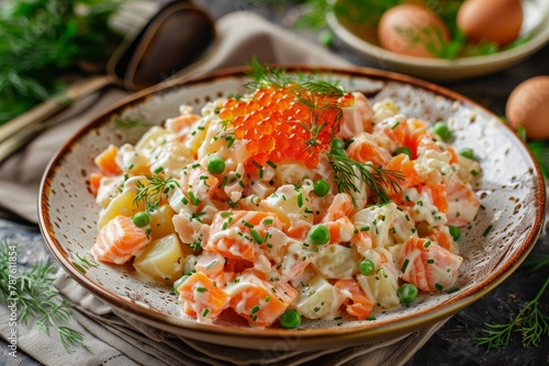 Russian salad on vintage plate with salmon red caviar fish potatoes carrots dill pickles peas eggs onion and mayo