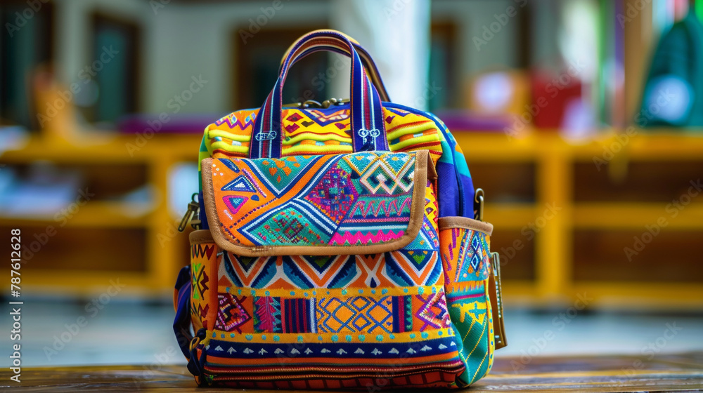 A school bag with a vibrant pattern and a front pocket for easy access.