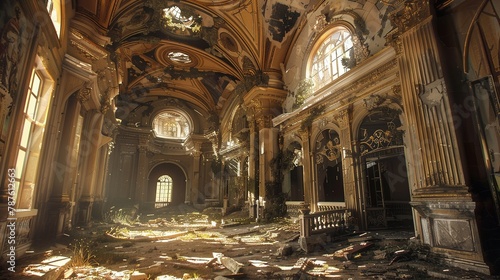 A grand, dilapidated Baroque palace in a post-apocalyptic landscape, where opulent decay meets desolation, in baroque gold and apocalyptic rust