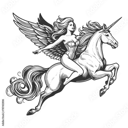 graceful winged fairy mounted on a flying unicorn with a flowing mane sketch engraving generative ai fictional character vector illustration. Scratch board imitation. Black and white image.