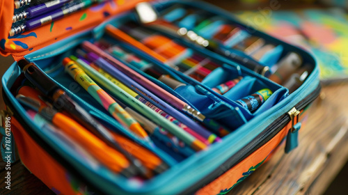 A school bag with adjustable dividers and compartments for art supplies. photo
