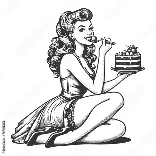 pin-up girl savoring a piece of cake encapsulating classic beauty and indulgence sketch engraving generative ai fictional character vector illustration. Scratch board imitation. Black and white image.