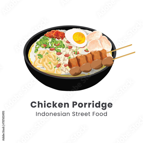 Hand drawn vector illustration of bubur ayam or chicken porridge from indonesian street food