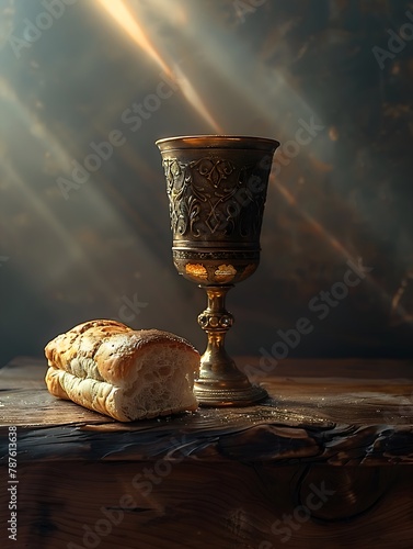 Chalice and bread on a rustic wooden table in a solemn and sacred setting, bathed in divine sunlight