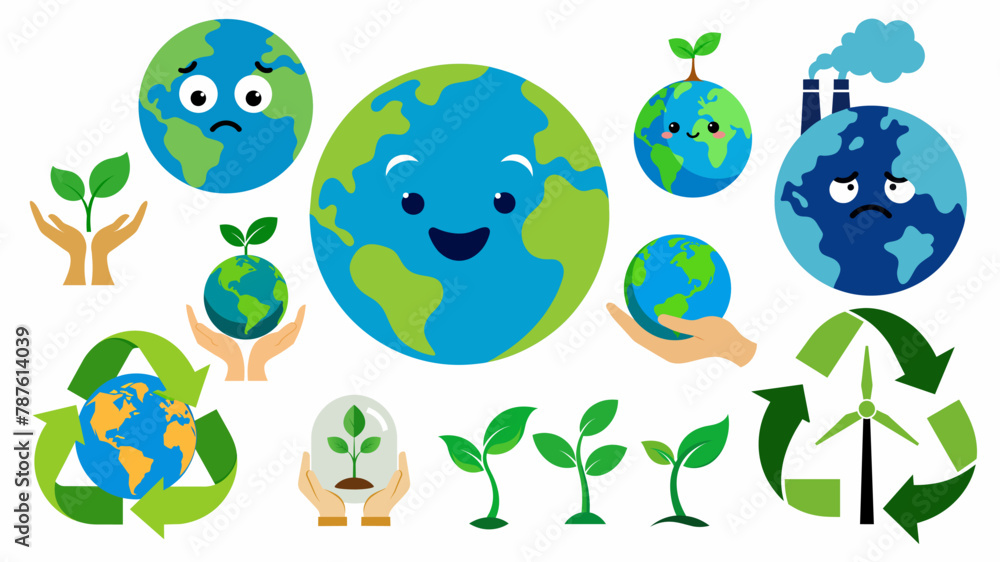 Obraz premium World earth day symbol set. Earth day eco organic concept bundle. Earth day emoji smiley. Happy planet, green sprout. Sad planet bad ecology. Earth day recycle globe logo, white background.