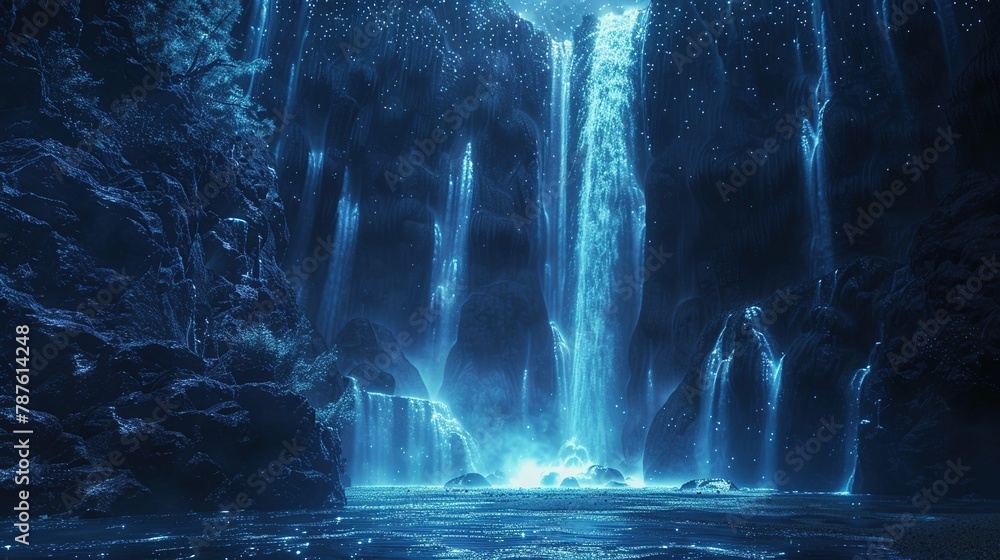 A mystical waterfall in 'Luminarion Flux', where light and color flow like liquid dreams, in waterfall blue and moonbeam silver