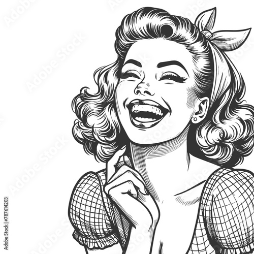 woman laughing heartily, her head thrown back in a moment of pure joy and infectious mirth sketch engraving generative ai fictional character vector illustration. Black and white image.