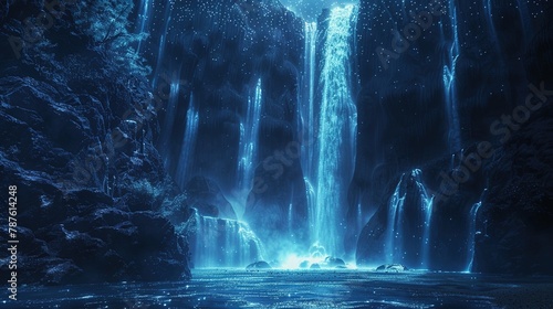 A mystical waterfall in 'Luminarion Flux', where light and color flow like liquid dreams, in waterfall blue and moonbeam silver photo