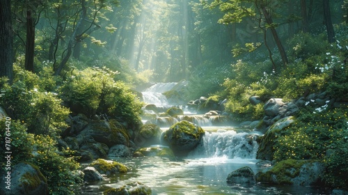 Tranquil mountain brook meanders amid verdant woods