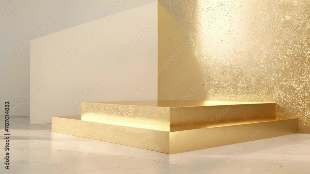 A glittering gold staircase leads to a raised platform where the product is elegantly displayed against a gl golden backdrop exuding . AI generation. A glittering gold staircase leads to a raised platform where the product is elegantly displayed against a gl golden backdrop exuding . AI generation.