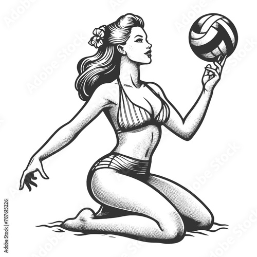 pin-up girl swimsuit playing beach volleyball, with a classic 1950s beach flair sketch engraving generative ai fictional character vector illustration. Scratch board imitation. Black and white image.