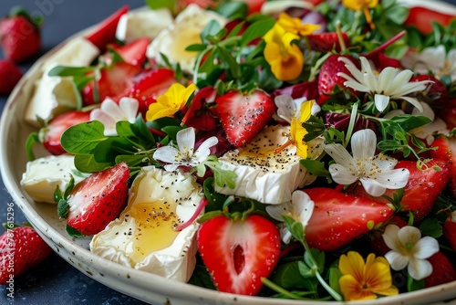 Salad with brie dandelions strawberries