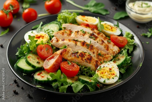 Salad with chicken lettuce eggs and tomatoes