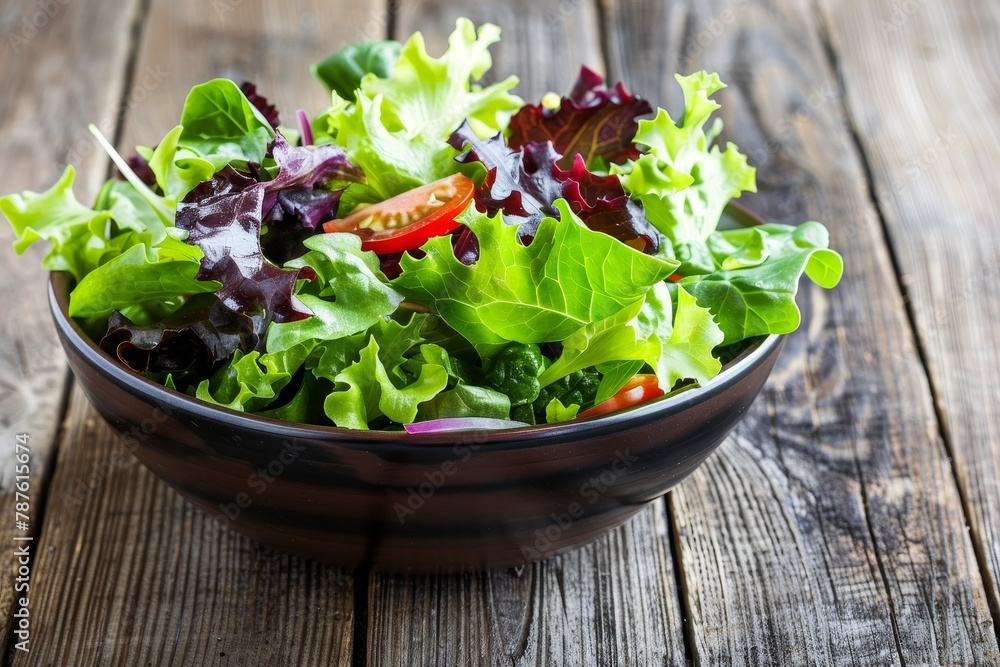 Salad with greens in bowl on wood background