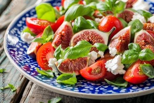 Salad with tomatoes figs goat cheese and basil on blue and white plate shot horizontally