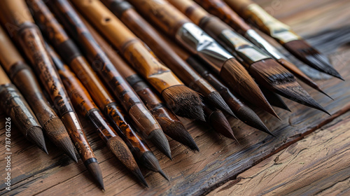 A set of calligraphy brushes with elegant wooden handles.