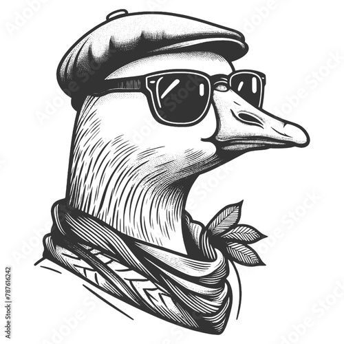 goose oozing style in a classic beret and cool sunglasses, giving off an air of nonchalant sophistication sketch engraving generative ai fictional character vector illustration. Black and white image.