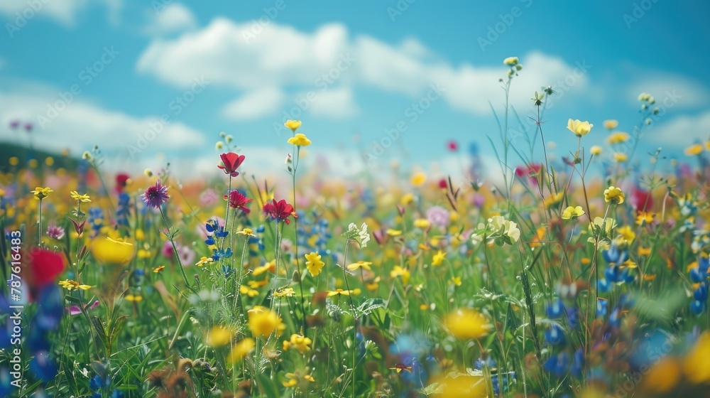 A close-up of vibrant wildflowers blooming in a meadow A close-up of vibrant wildflowers blooming in a meadow