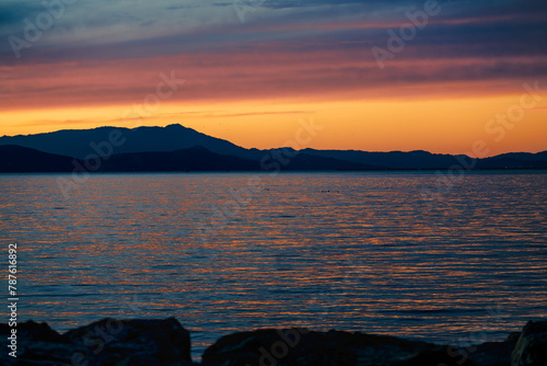 San Francisco Bay at sunset.
The waters of the San Francisco Bay reflect hues of the sunset.