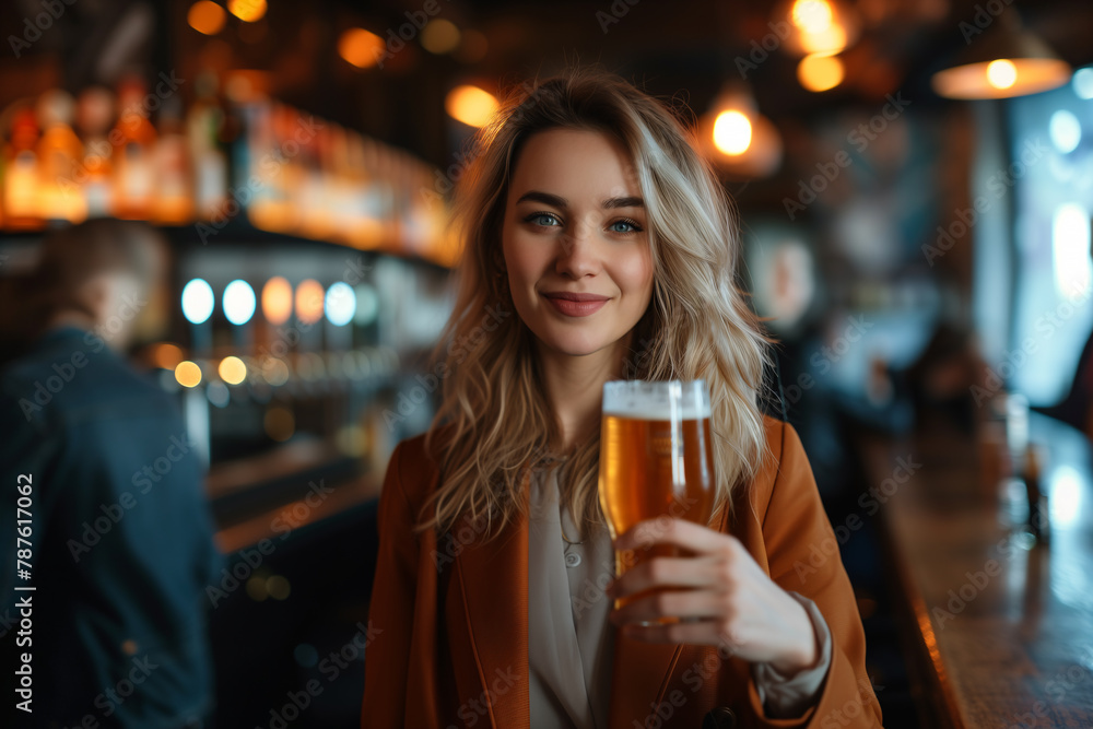 Young woman enjoying a pint of beer at a cozy nighttime bar