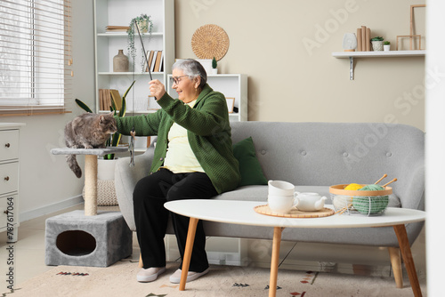 Senior woman playing with cute cat on scratching post at home photo