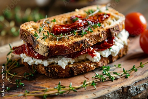 Sandwich of goat cheese sun dried tomatoes and thyme on a bright wooden board photo