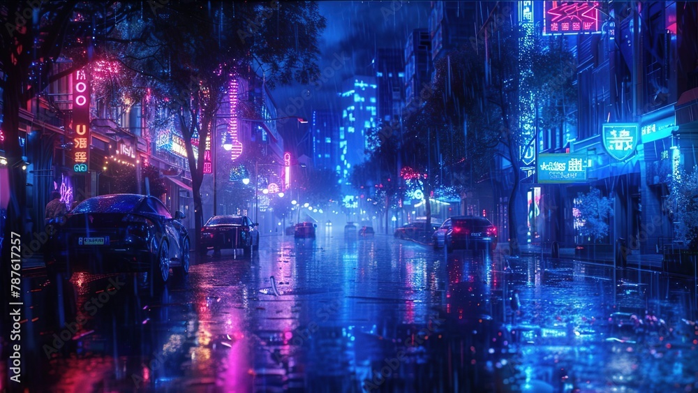 A rain-soaked city street at night in 'Chiaroscuro Neon', with deep shadows cut by vivid neon lights, in shadow midnight blue and neon electric blue