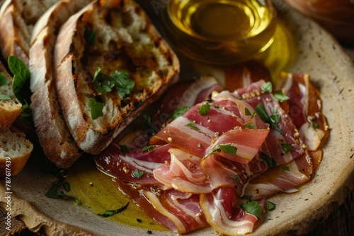 Serrano ham with olive oil and toasted bread