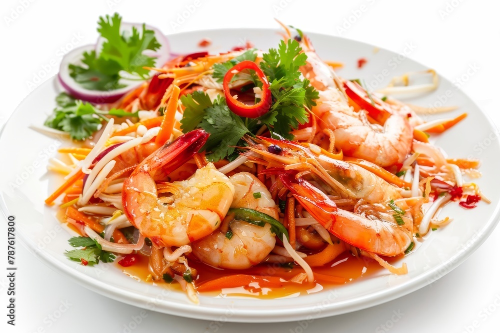 Spicy seafood salad and papaya salad with shrimp and crab Thai cuisine