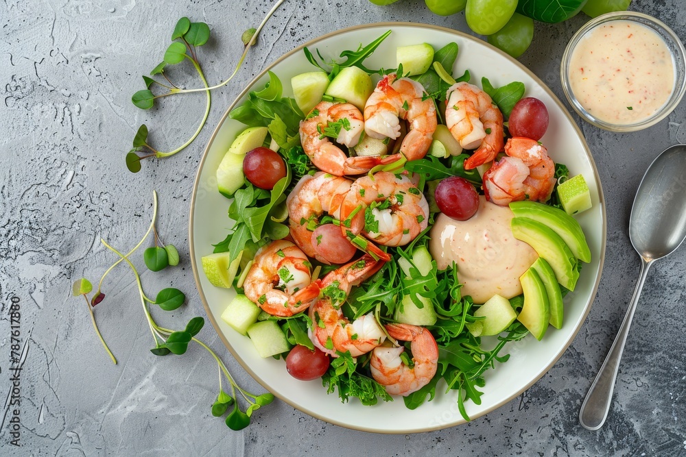 Shrimp avocado salad with Prawn Waldorf apple grape sauce top view flat lay on gray background Shrimp avocado salad with Prawn Waldorf apple grape sauce top view flat lay on gray background