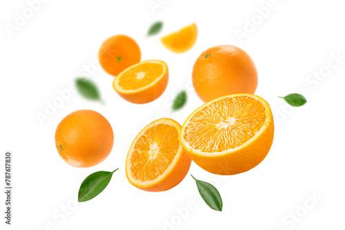 Falling Fresh orange with half and leaves isolated on white background.