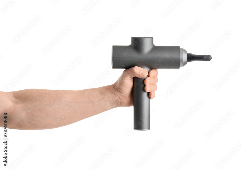 Young man with percussive massager on white background Young man with percussive massager on white background