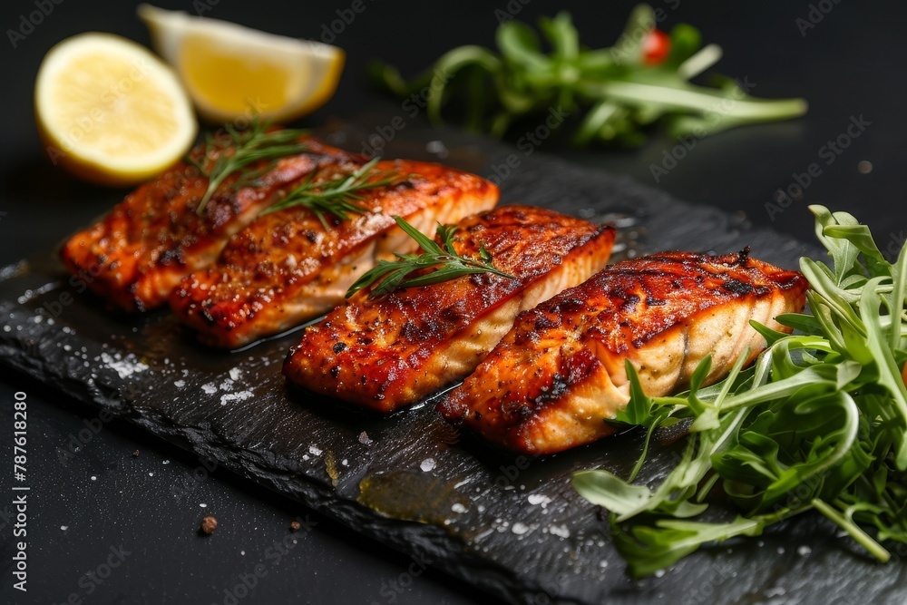 Smoked fish and salmon on slate with lemon and rocket salad Smoked fish and salmon on slate with lemon and rocket salad
