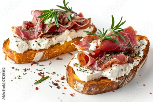 Spanish tapas Toast with goat cheese and serrano ham on white background