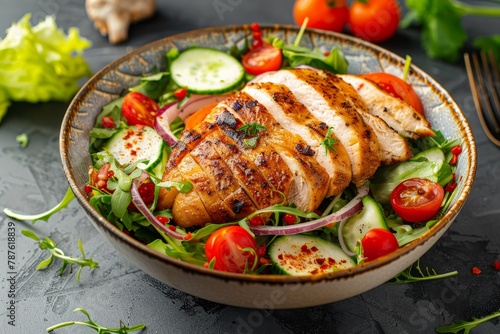 Spicy chicken with veggies in Caesar salad